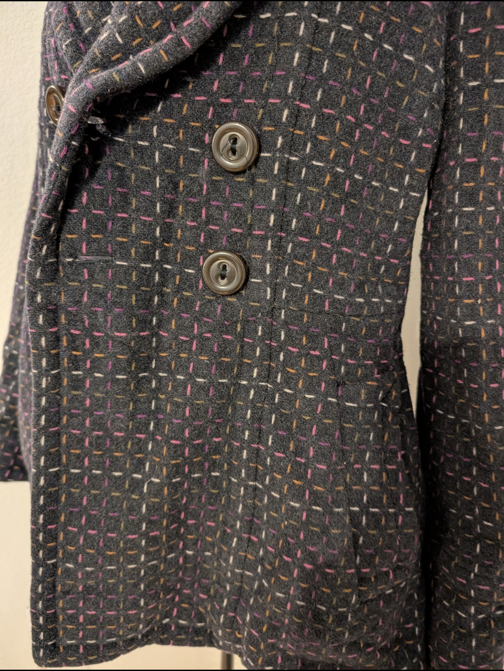 Marc By Marc Jacobs Blue Tweed Peacoat with Multicolor Stitching Size Medium - Picture 4 of 13